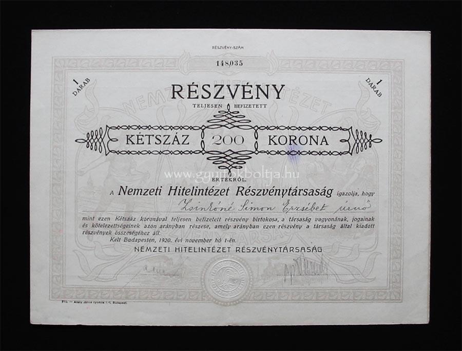Nemzeti Hitelintézet részvény 200 korona 1920